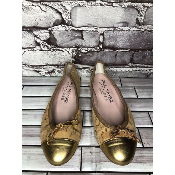 Paul Mayer Attitudes Gold Natural Cork Ballet Flats Shoes Women Sz 6.5M US/37EU - Picture 2 of 16